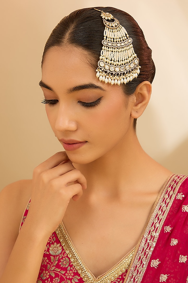 Gold Finish Kundan Polki & Pearl Pasa by Zevar By Geeta at Pernia's Pop Up Shop