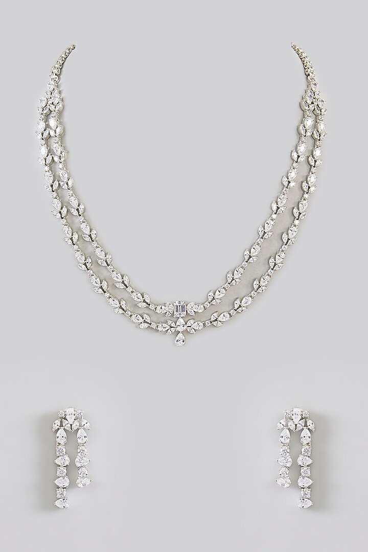 White Finish Diamond Layered Necklace Set by Zevar By Geeta at Pernia's Pop Up Shop