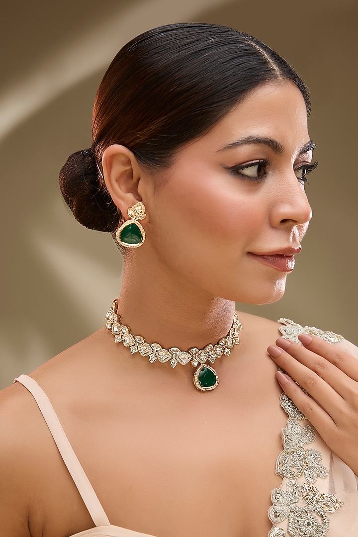 Gold Finish Kundan Polki & Green Stone Necklace Set by Zevar By Geeta at Pernia's Pop Up Shop