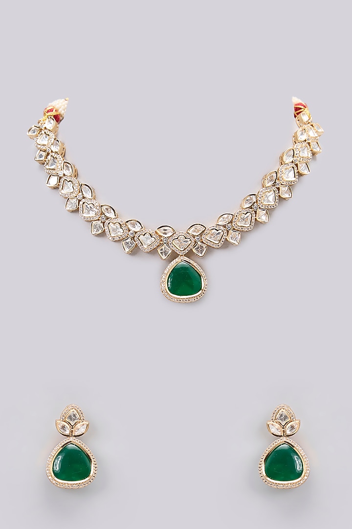 Gold Finish Kundan Polki & Green Stone Necklace Set by Zevar By Geeta at Pernia's Pop Up Shop