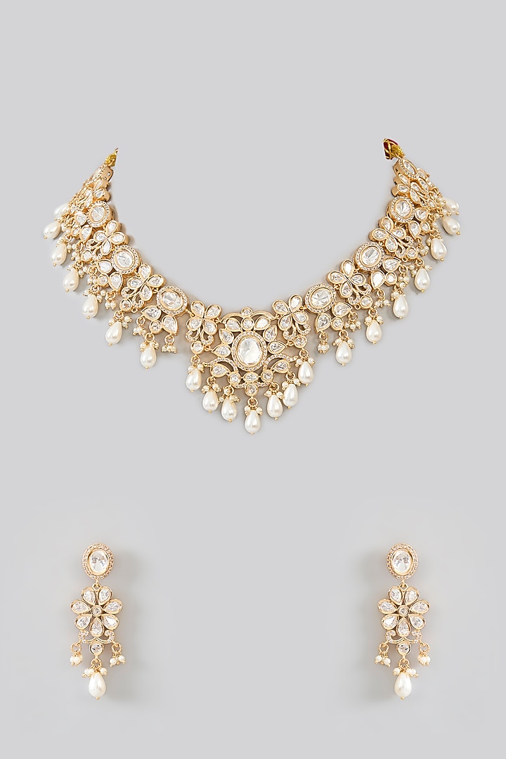 Gold Finish Kundan Polki Necklace Set by Zevar By Geeta at Pernia's Pop Up Shop