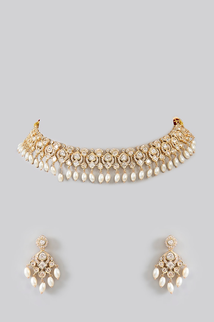 Gold Finish Kundan Polki Necklace Set by Zevar By Geeta at Pernia's Pop Up Shop
