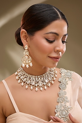 Gold Finish Kundan Polki & Pearl Drop Necklace Set by Zevar By Geeta