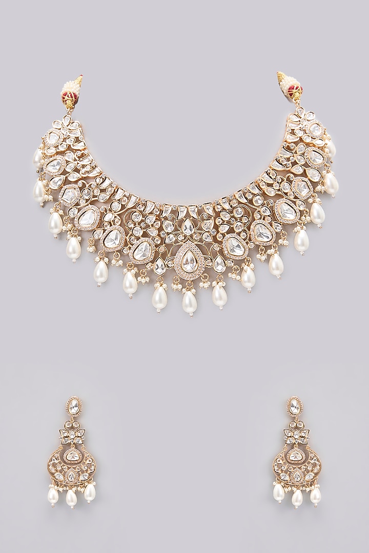 Gold Finish Kundan Polki & Pearl Drop Necklace Set by Zevar By Geeta at Pernia's Pop Up Shop
