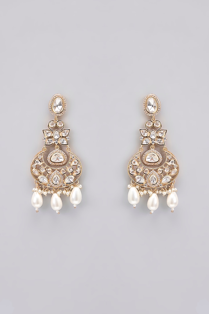Gold Finish Kundan Polki & Pearl Drop Necklace Set by Zevar By Geeta at Pernia's Pop Up Shop