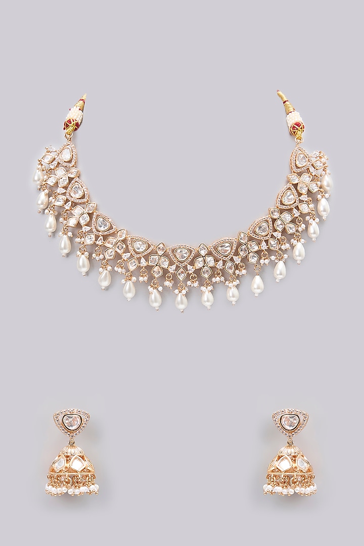Gold Finish Kundan Polki & Pearl Drop Necklace Set by Zevar By Geeta at Pernia's Pop Up Shop