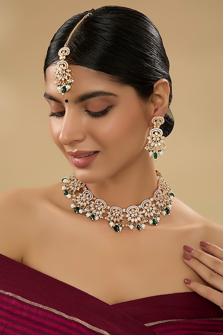 Gold Finish Kundan Polki Necklace Set by Zevar By Geeta at Pernia's Pop Up Shop