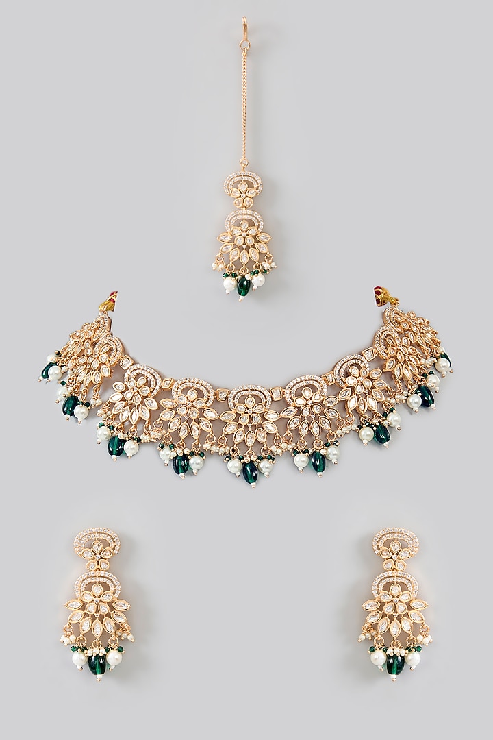 Gold Finish Kundan Polki Necklace Set by Zevar By Geeta at Pernia's Pop Up Shop