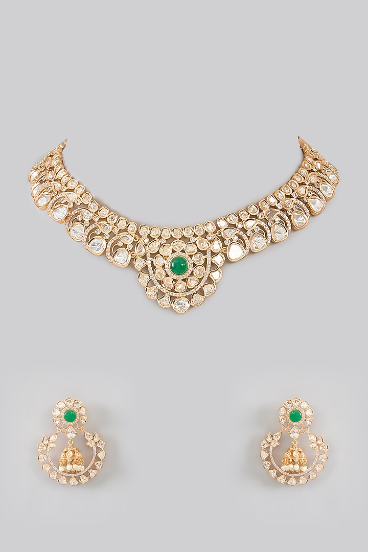 Gold Finish Kundan Polki & Green Stone Necklace Set by Zevar By Geeta at Pernia's Pop Up Shop