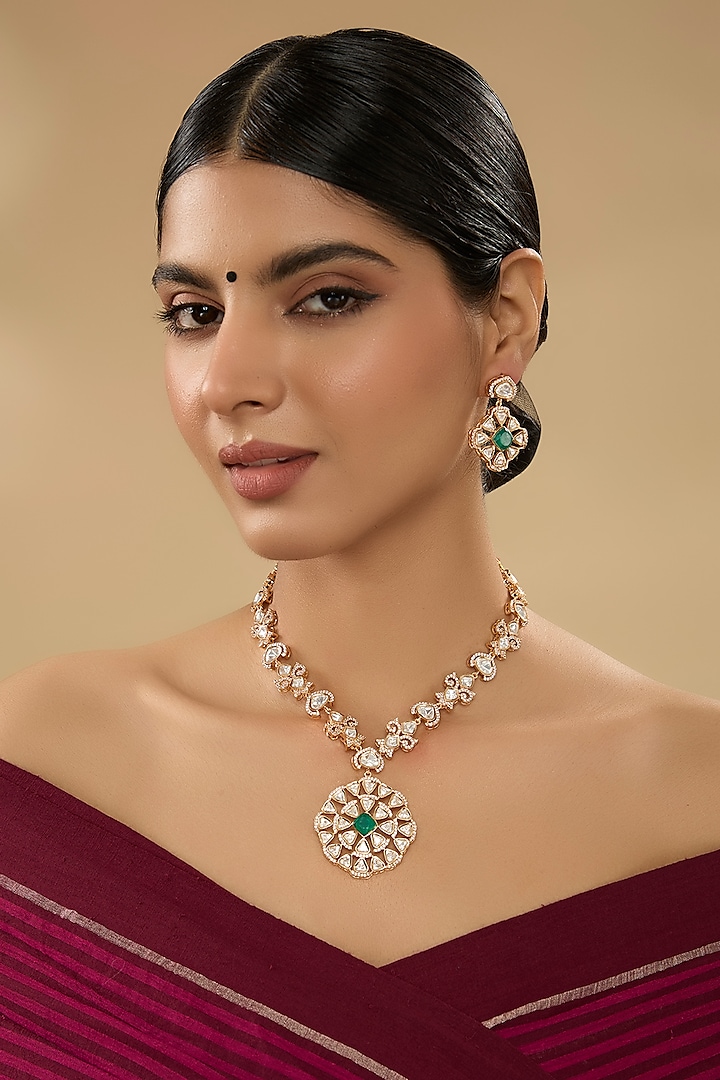 Gold Finish Kundan Polki & Green Stone Necklace Set by Zevar By Geeta at Pernia's Pop Up Shop