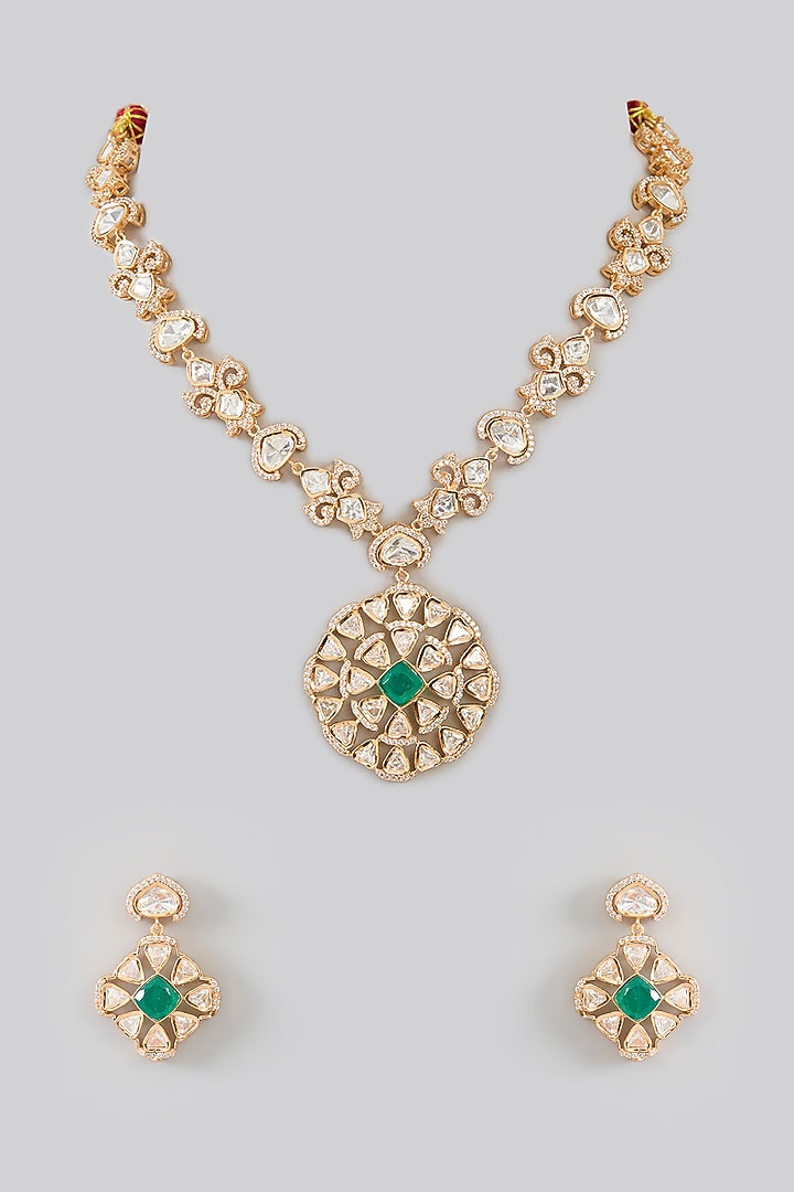 Gold Finish Kundan Polki & Green Stone Necklace Set by Zevar By Geeta at Pernia's Pop Up Shop