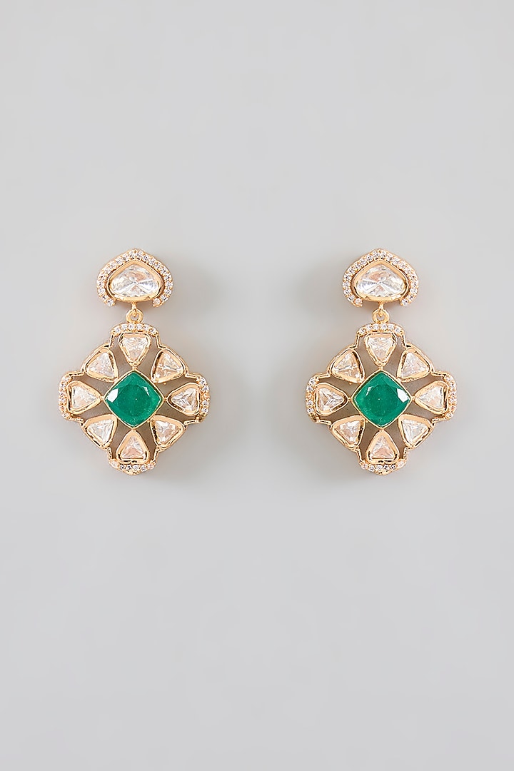 Gold Finish Kundan Polki & Green Stone Necklace Set by Zevar By Geeta at Pernia's Pop Up Shop