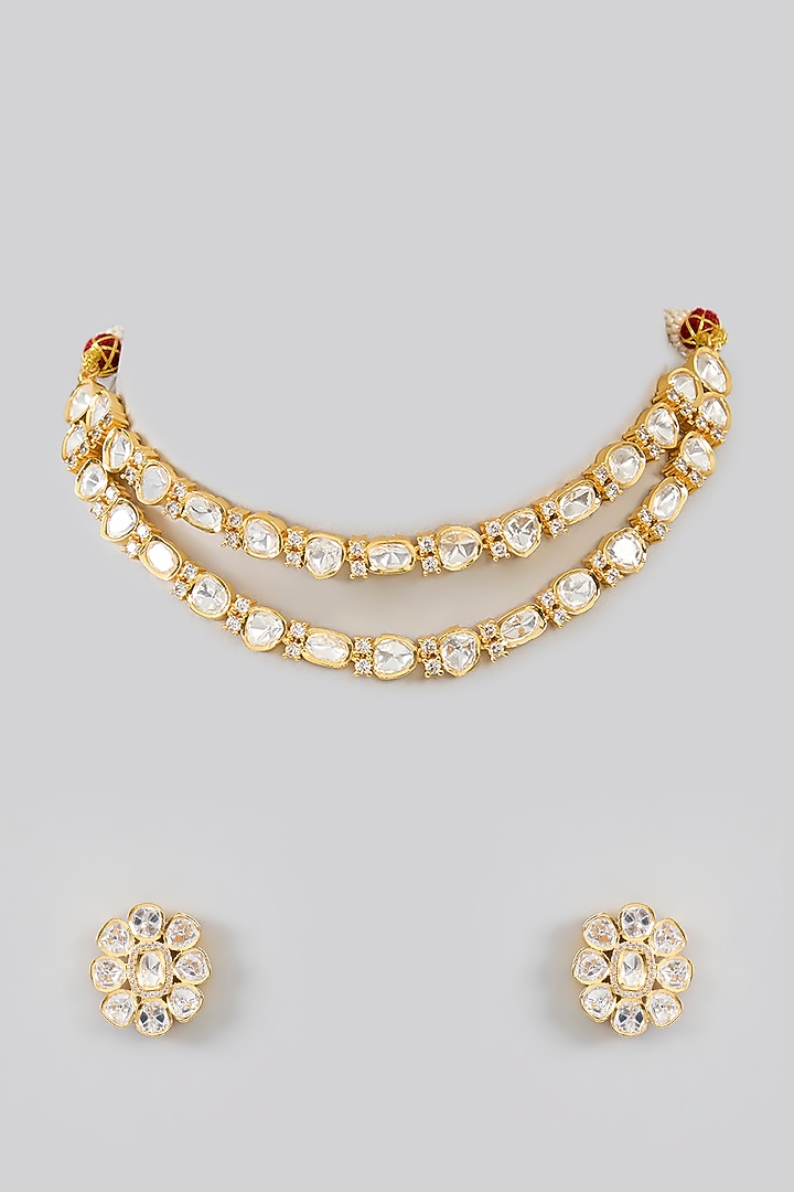 Gold Finish Kundan Polki & Pearl Petit Necklace Set by Zevar By Geeta at Pernia's Pop Up Shop