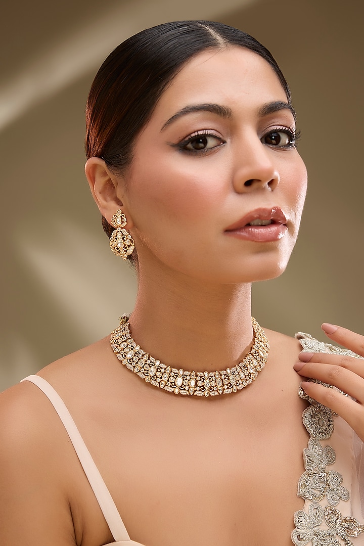 Gold Finish Kundan Polki Necklace Set by Zevar By Geeta at Pernia's Pop Up Shop