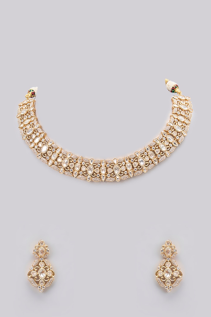 Gold Finish Kundan Polki Necklace Set by Zevar By Geeta at Pernia's Pop Up Shop