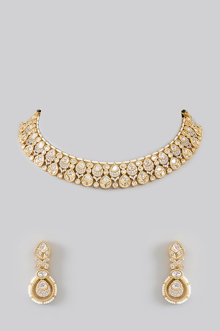 Gold Finish Kundan Polki & Pearl Petit Necklace Set by Zevar By Geeta at Pernia's Pop Up Shop