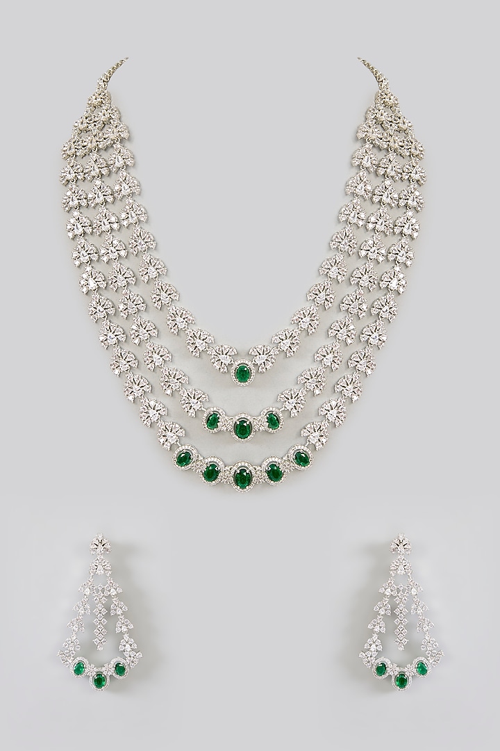 White Finish Diamond & Green Stone Layered Necklace Set by Zevar By Geeta at Pernia's Pop Up Shop
