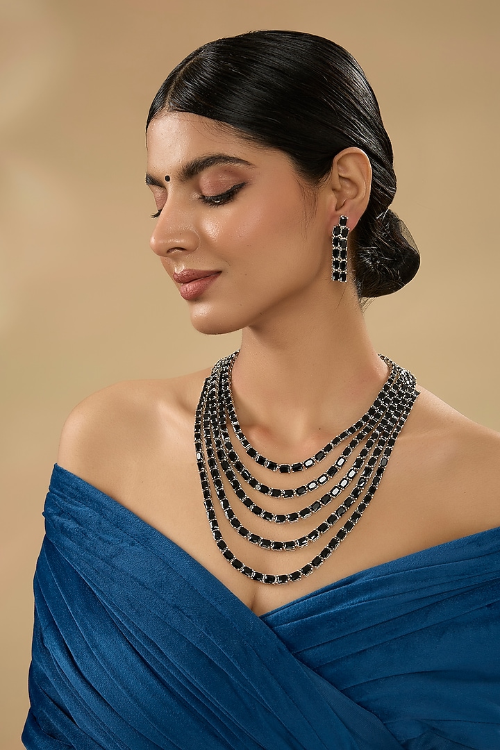 White Finish Diamond & Black Stone Layered Necklace Set by Zevar By Geeta at Pernia's Pop Up Shop