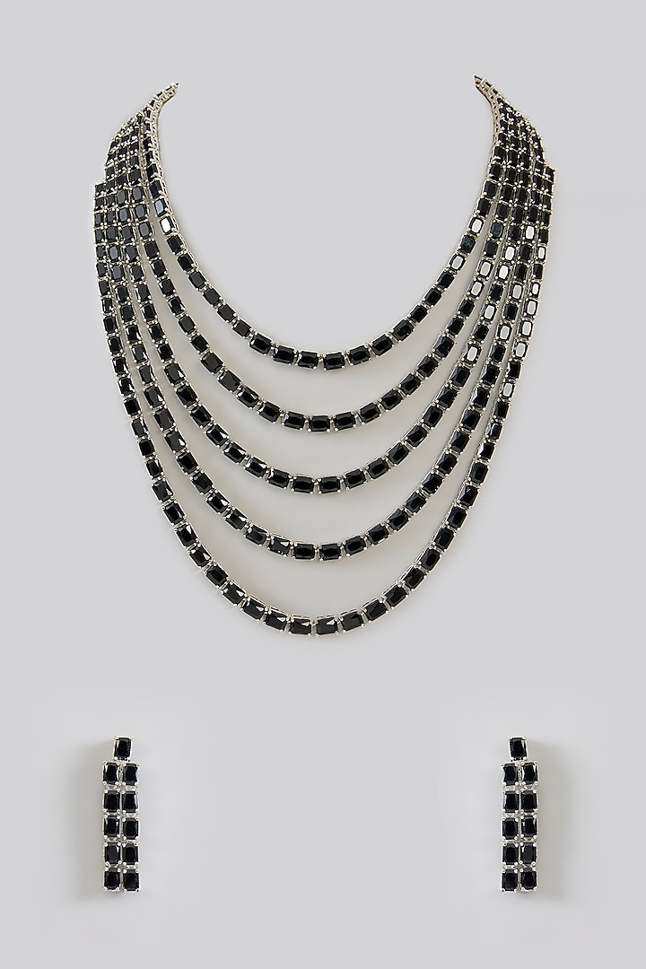 White Finish Diamond & Black Stone Layered Necklace Set by Zevar By Geeta at Pernia's Pop Up Shop