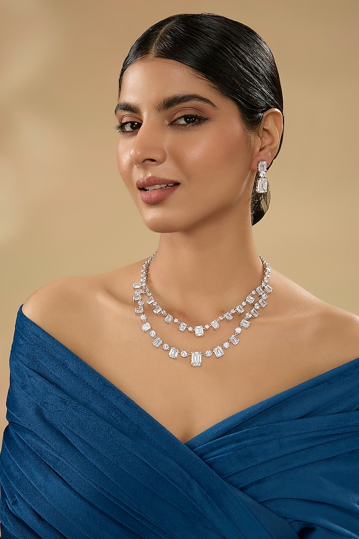White Finish Diamond Necklace Set by Zevar By Geeta at Pernia's Pop Up Shop