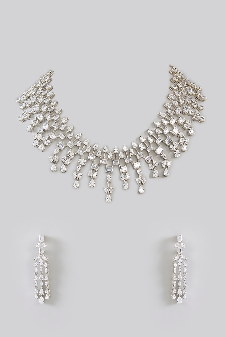 White Finish Diamond Necklace Set by Zevar By Geeta at Pernia's Pop Up Shop