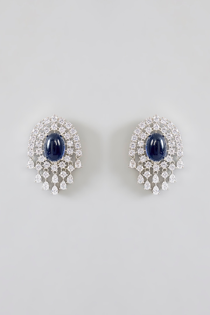 White Finish Diamond & Blue Stone Pendant Necklace Set by Zevar By Geeta at Pernia's Pop Up Shop