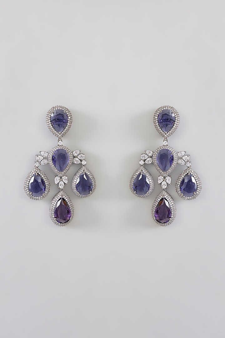 White Finish Diamond & Purple Stone Dangler Earrings by Zevar By Geeta at Pernia's Pop Up Shop
