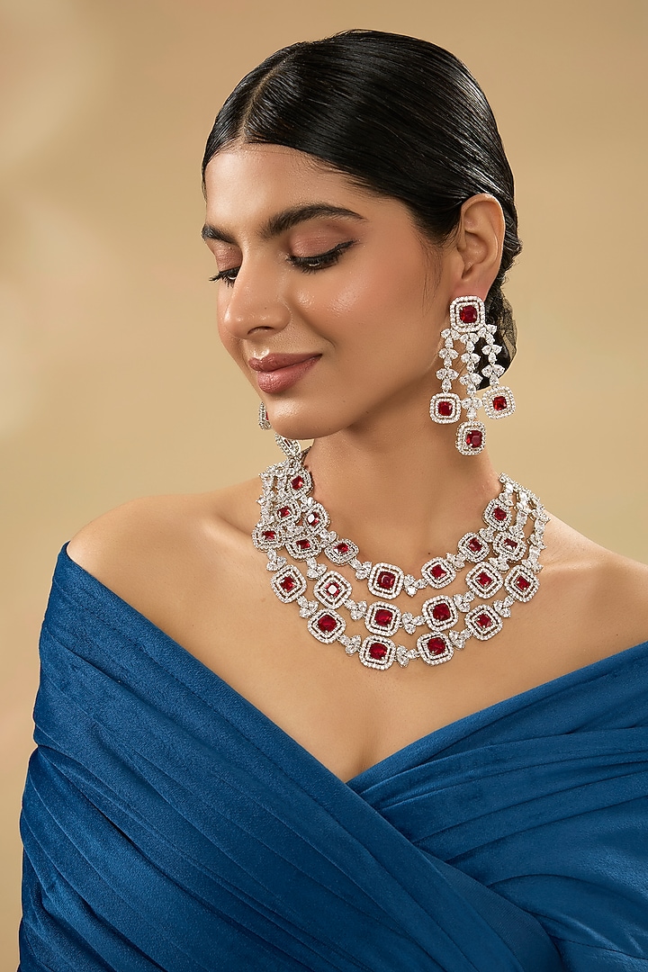 White Finish Diamond & Red Stone Necklace Set by Zevar By Geeta at Pernia's Pop Up Shop