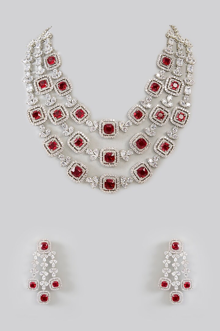 White Finish Diamond & Red Stone Necklace Set by Zevar By Geeta at Pernia's Pop Up Shop
