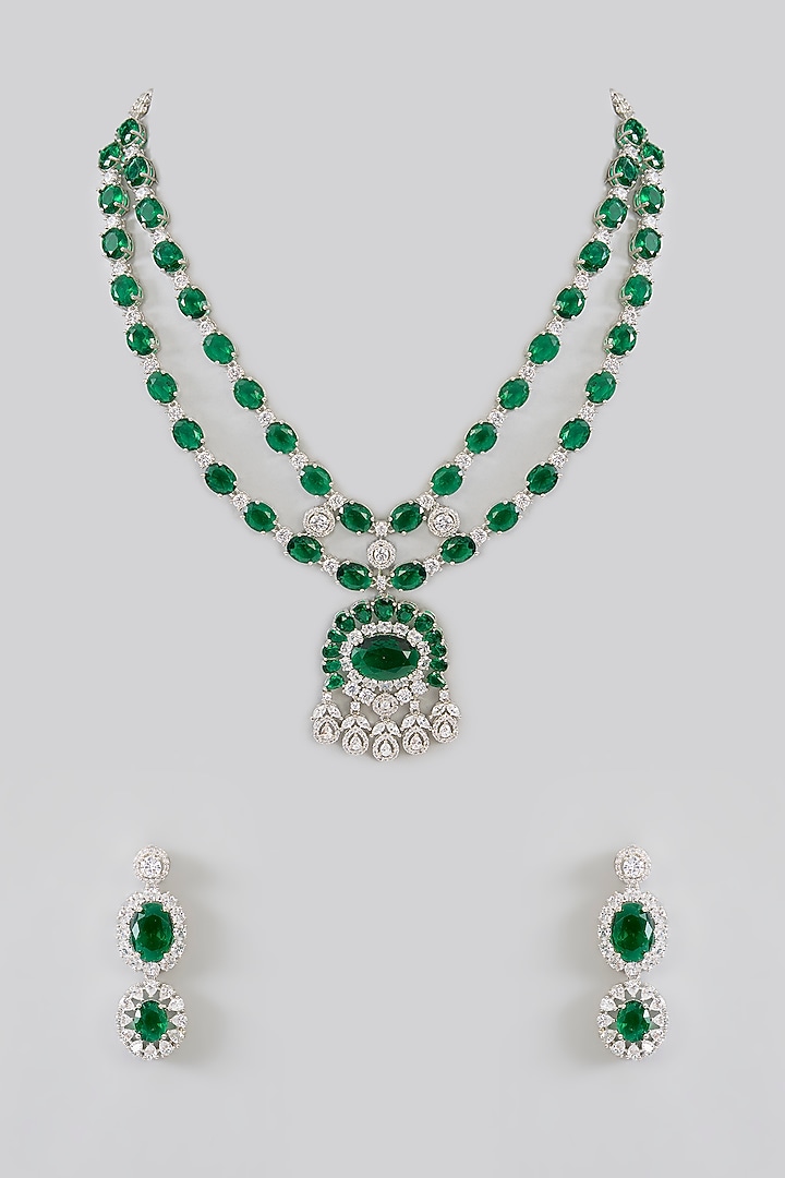 White Finish Diamond & Green Stone Pendant Necklace Set by Zevar By Geeta at Pernia's Pop Up Shop