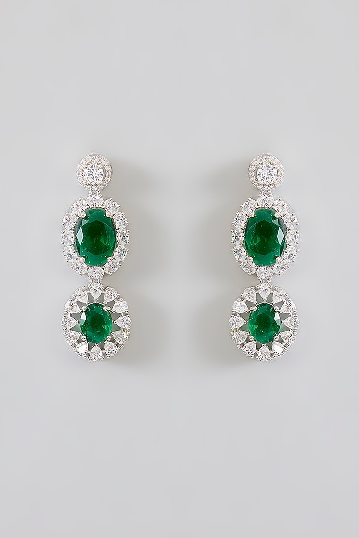 White Finish Diamond & Green Stone Pendant Necklace Set by Zevar By Geeta at Pernia's Pop Up Shop