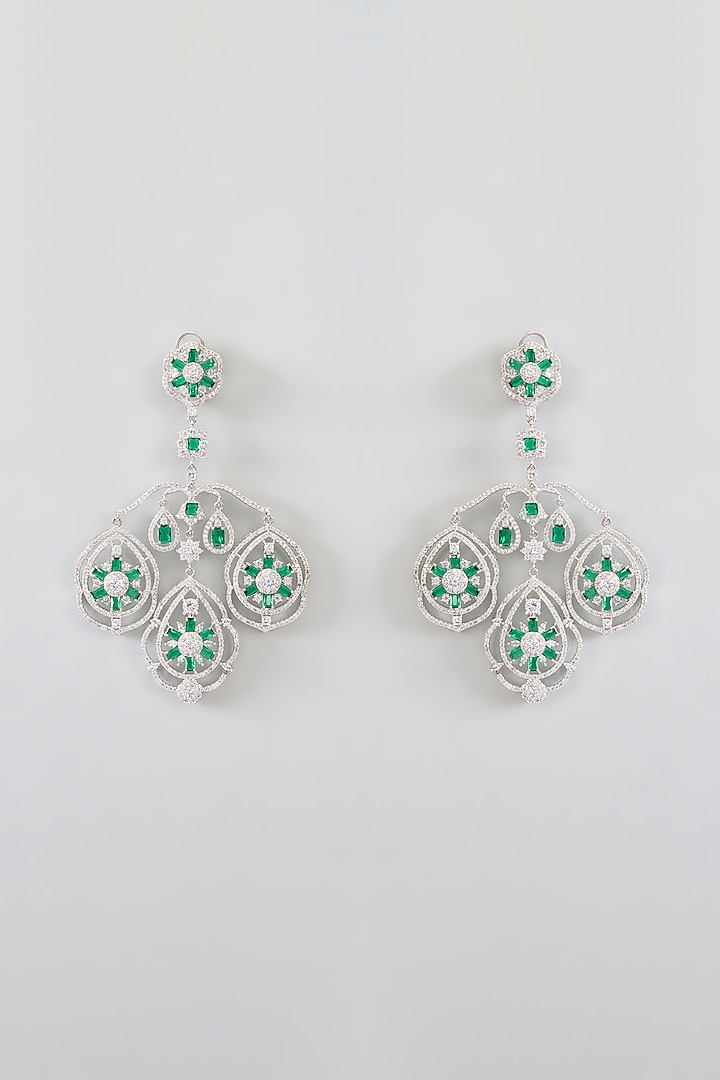 White Finish Diamond & Green Stone Dangler Earrings by Zevar By Geeta at Pernia's Pop Up Shop
