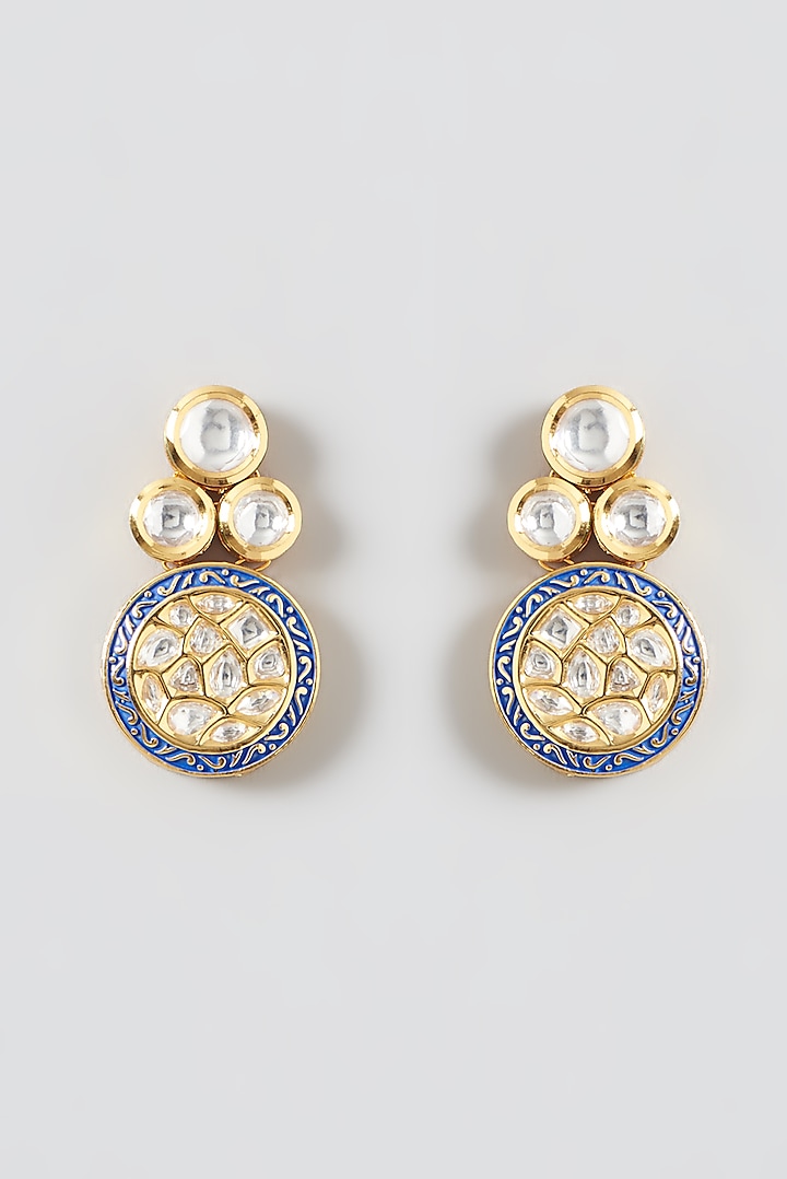 Gold Finish Kundan Polki & Green Stone Dangler Earrings by Zevar by Geeta