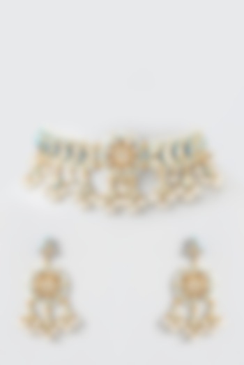 Gold Finish Kundan Polki & Pearl Necklace Set by Zevar by Geeta