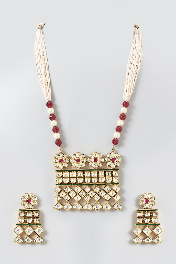 Gold Finish Kundan Polki Long Necklace Set by Zevar by Geeta