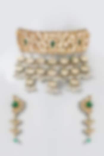 Gold Finish Kundan Polki & Emerald Choker Necklace by Zevar by Geeta