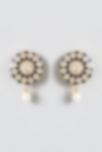 Gold Finish Kundan Polki & Blue Stone Stud Earrings by Zevar by Geeta