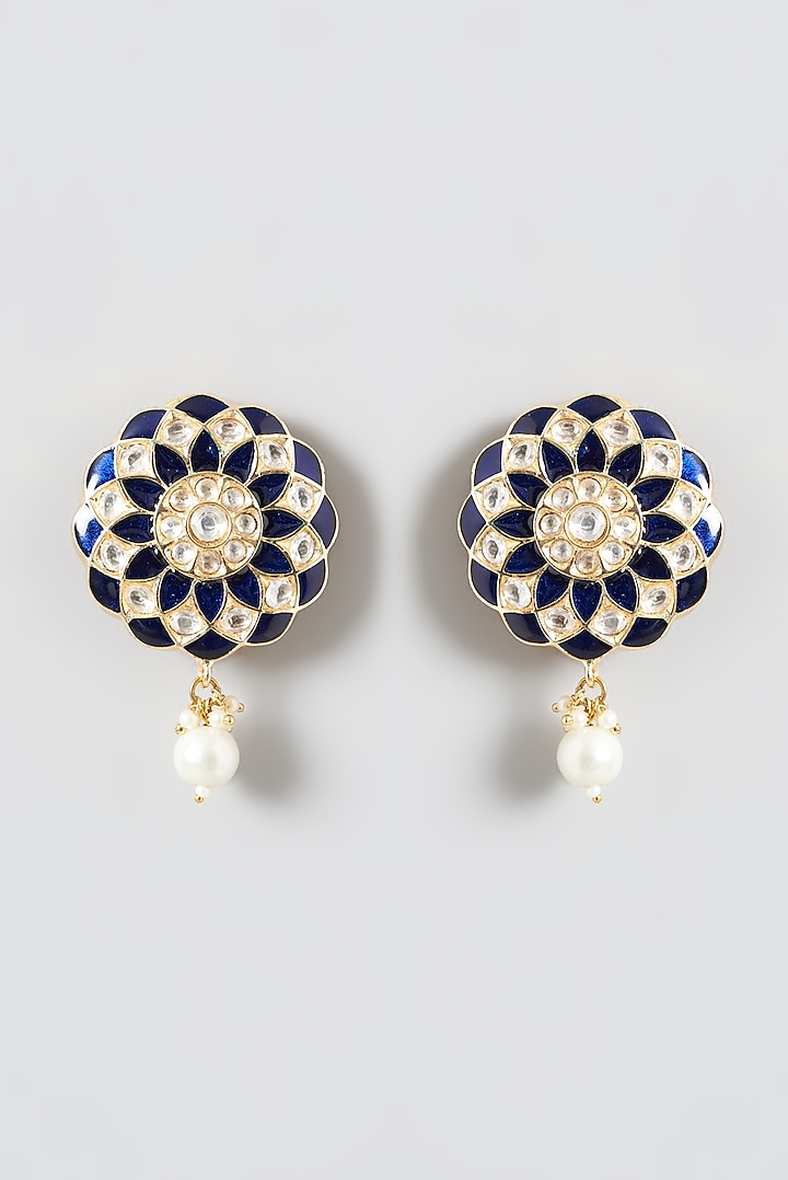 Gold Finish Kundan Polki & Blue Stone Stud Earrings by Zevar by Geeta