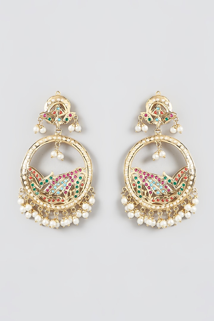 Gold Finish Kundan & Pearl Chandbali Earrings by Zevar by Geeta