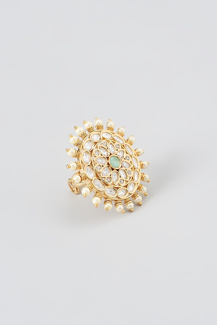 Gold Finish Kundan & Pearl Ring by Zevar by Geeta