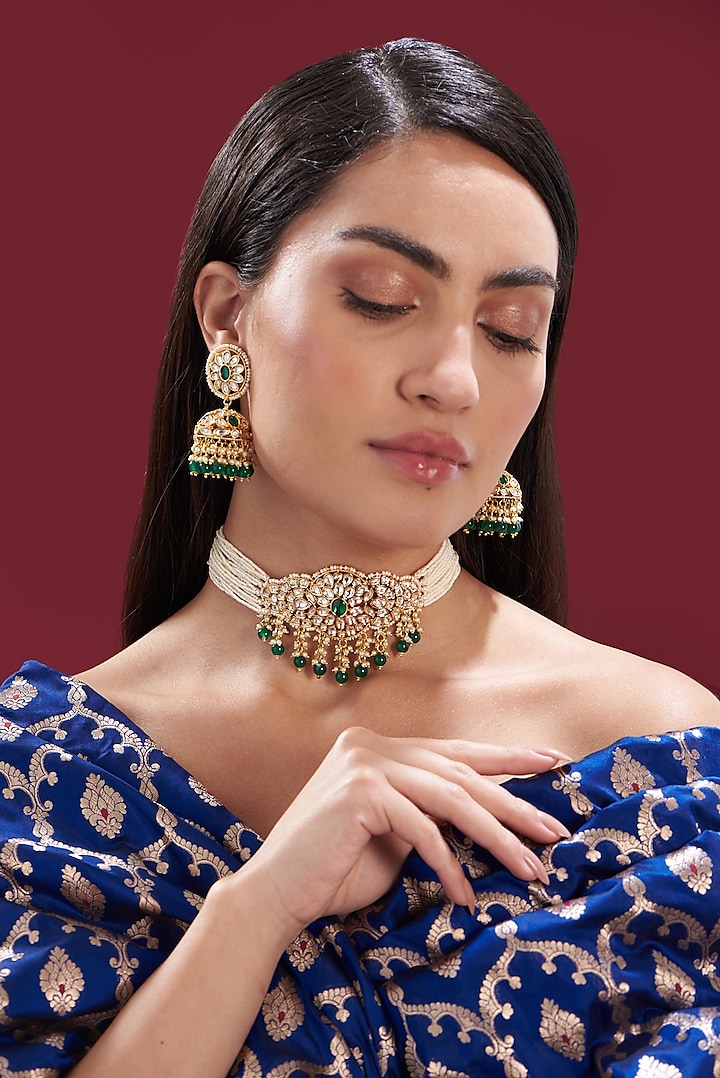 Gold Plated Kundan Polki & Emerald Choker Necklace Set by Zevar by Geeta