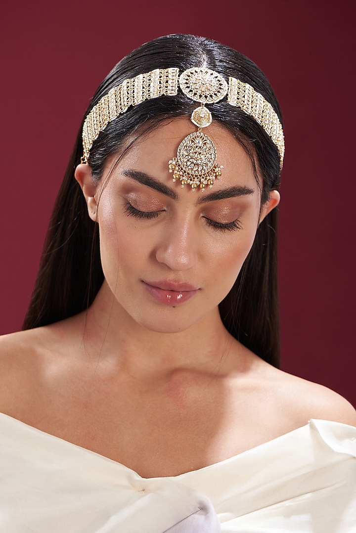 Gold Finish Kundan Polki & Pearl Mathapatti by Zevar by Geeta at Pernia's Pop Up Shop