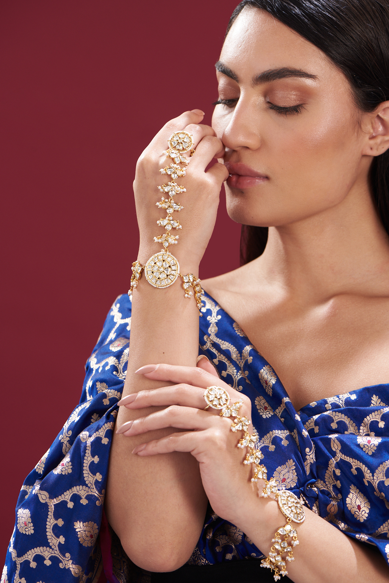 Gold Finish Kundan Polki Hathphool (Set of 2) by Zevar by Geeta at Pernia's Pop Up Shop