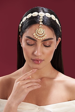 Gold Finish Kundan Polki & Pearl Mathapatti by Zevar by Geeta