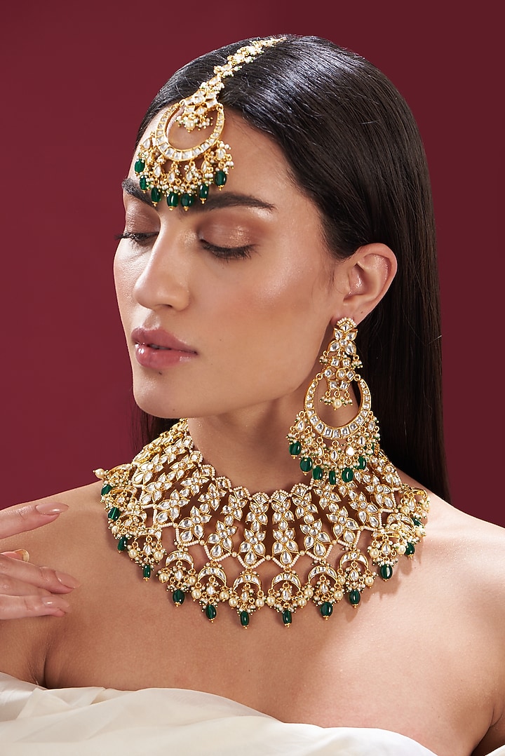 Gold Finish Kundan Polki & Pearl Necklace Set by Zevar by Geeta at Pernia's Pop Up Shop