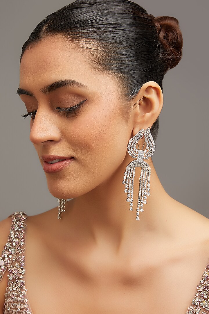 White Finish Zircon Dangler Earrings by Zevar by Geeta at Pernia's Pop Up Shop