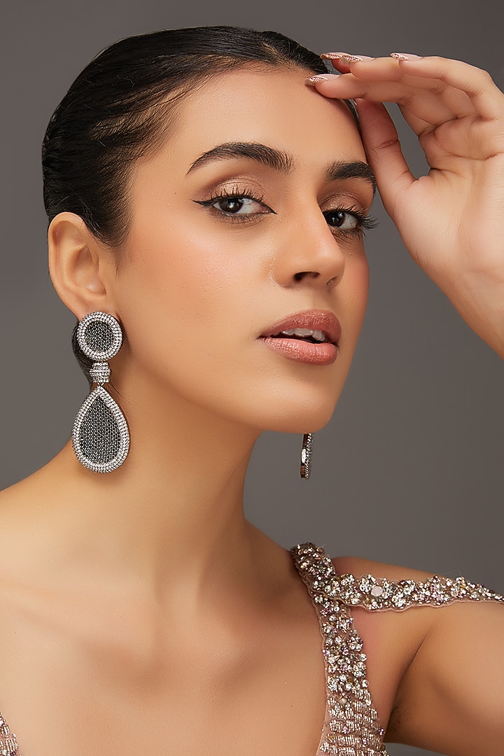 White Finish Zircon & Black Stone Dangler Earrings by Zevar by Geeta at Pernia's Pop Up Shop