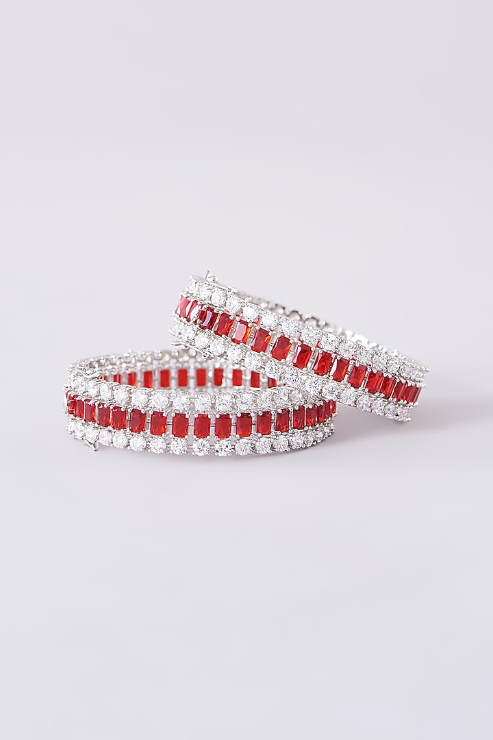White Finish Zircon Bangles (Set Of 2) by Zevar by Geeta at Pernia's Pop Up Shop