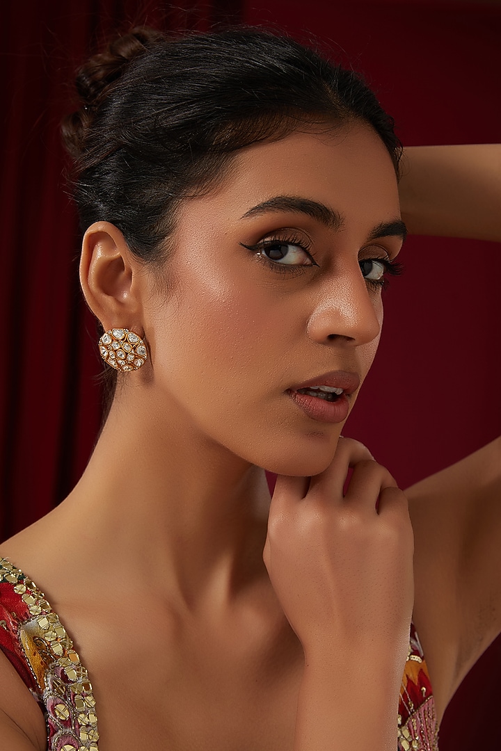 Gold Plated Kundan Polki Stud Earrings by Zevar by Geeta at Pernia's Pop Up Shop