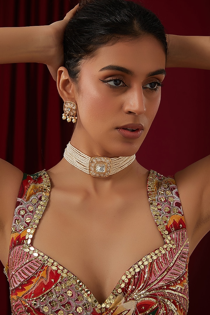 Gold Finish Kundan Polki & Pearl Choker Necklace Set by Zevar by Geeta at Pernia's Pop Up Shop